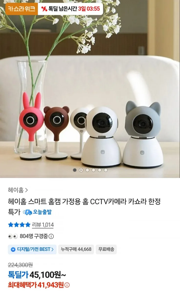 [카쇼라] 헤이홈 스마트 홈캠 가정용 홈 CCTV카메라 (41,943원/무료)