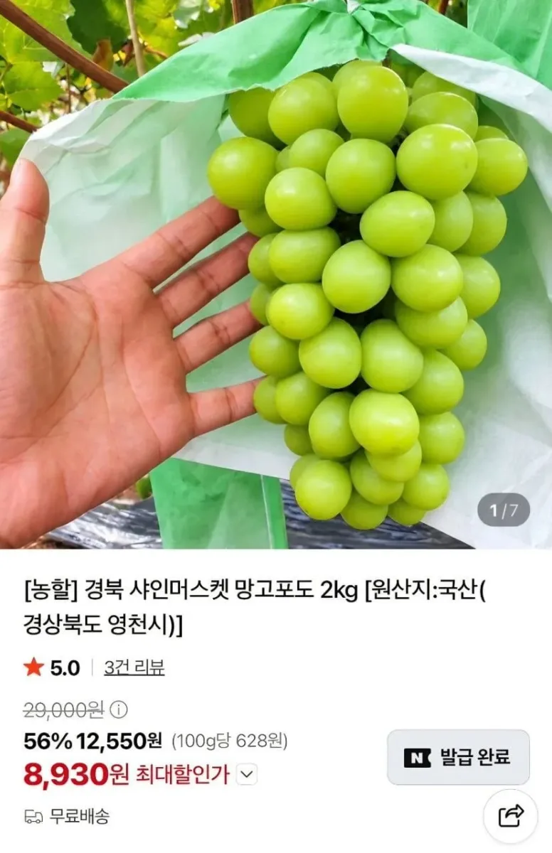 [네이버] (농할) 경북 샤인머스켓 2kg (8,930원/무료)