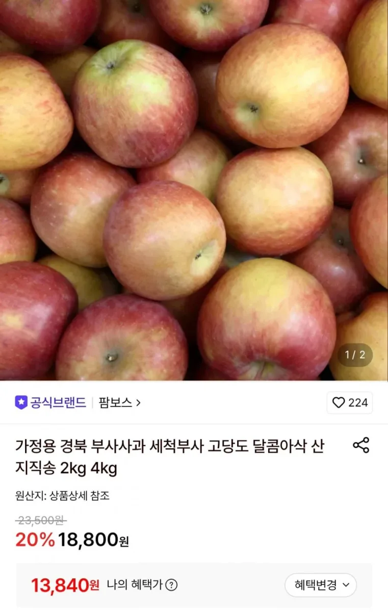 [롯데온] 경북 부사사과 4kg 22과 내외 (13,840원/무료)