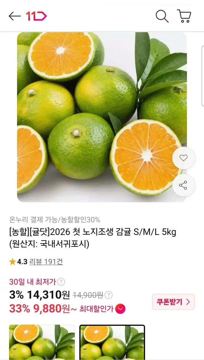 [11번가] 제주 제철 노지조생 감귤 중과 5kg (9,880원~/무료)