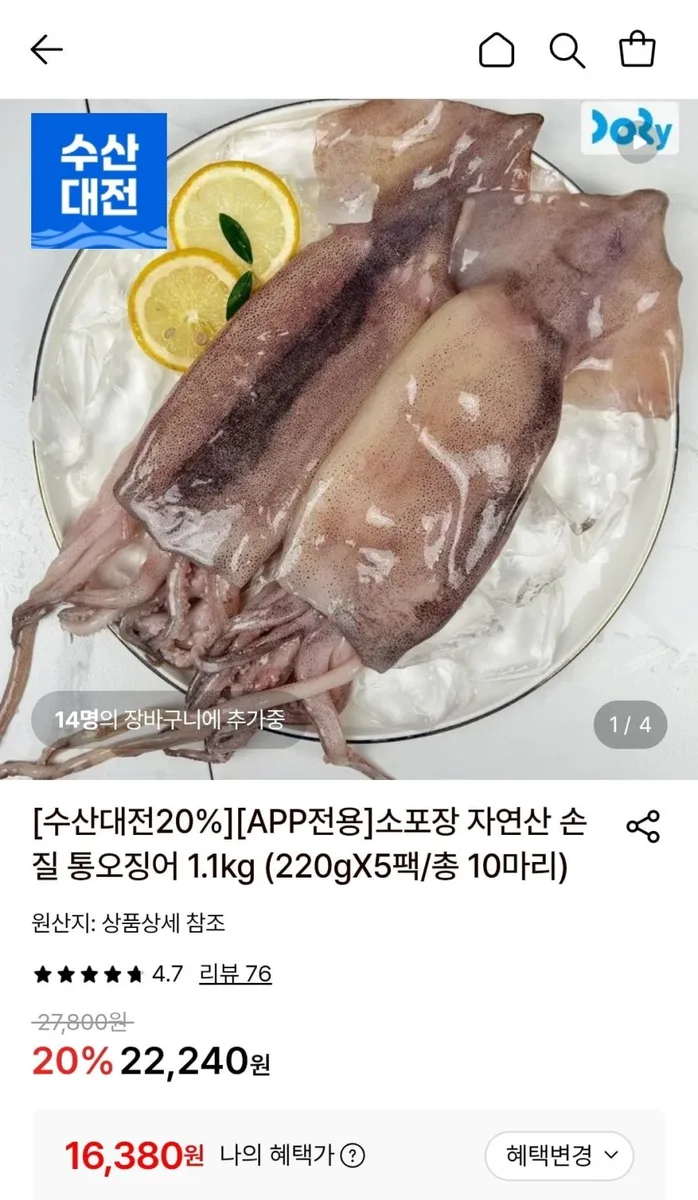 [롯데온] 소포장 자연산 손질 통오징어 1.1kg (16,380원/무료)