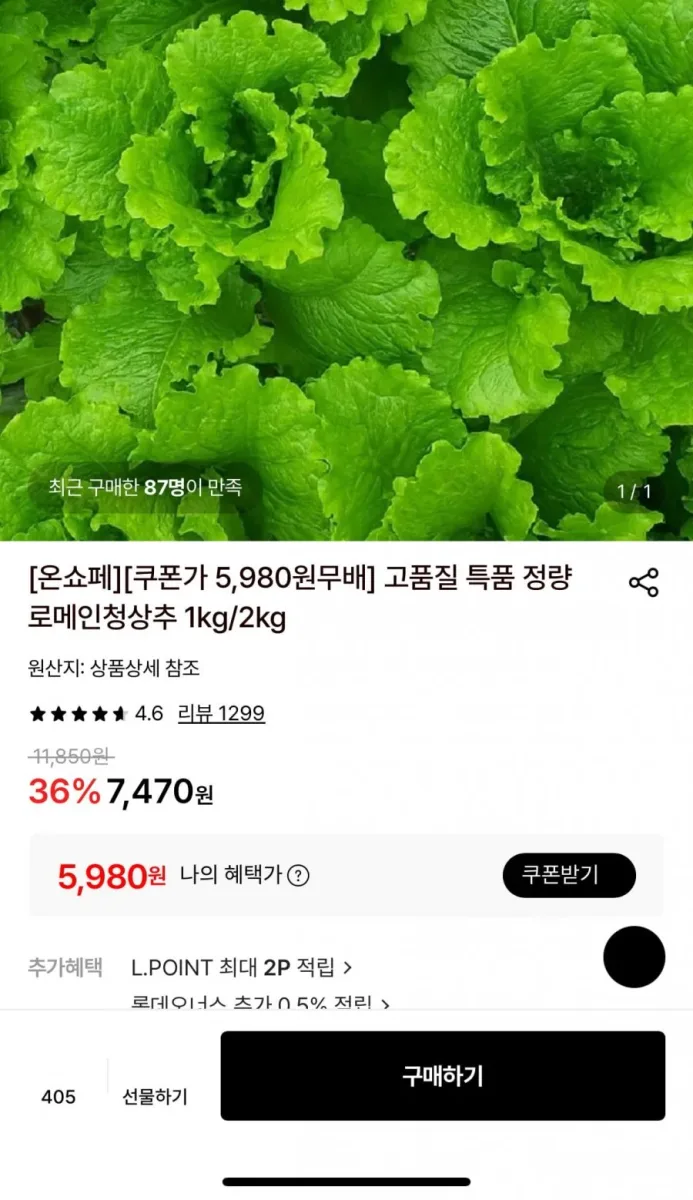 [롯데온] 로메인청상추1kg 5,980원/무배