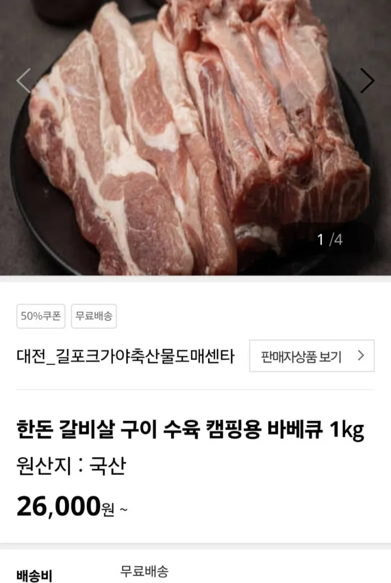 [온통대전몰]한돈 갈비살 구이 수육 캠핑용 바베큐 1kg(13,000원/무료)
