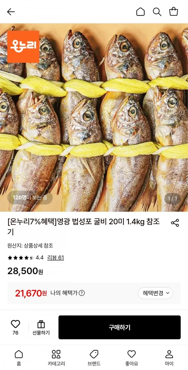 [롯데온] 영광굴비 중소 20미 총1.4kg 외 다양 (21,670원/무료)