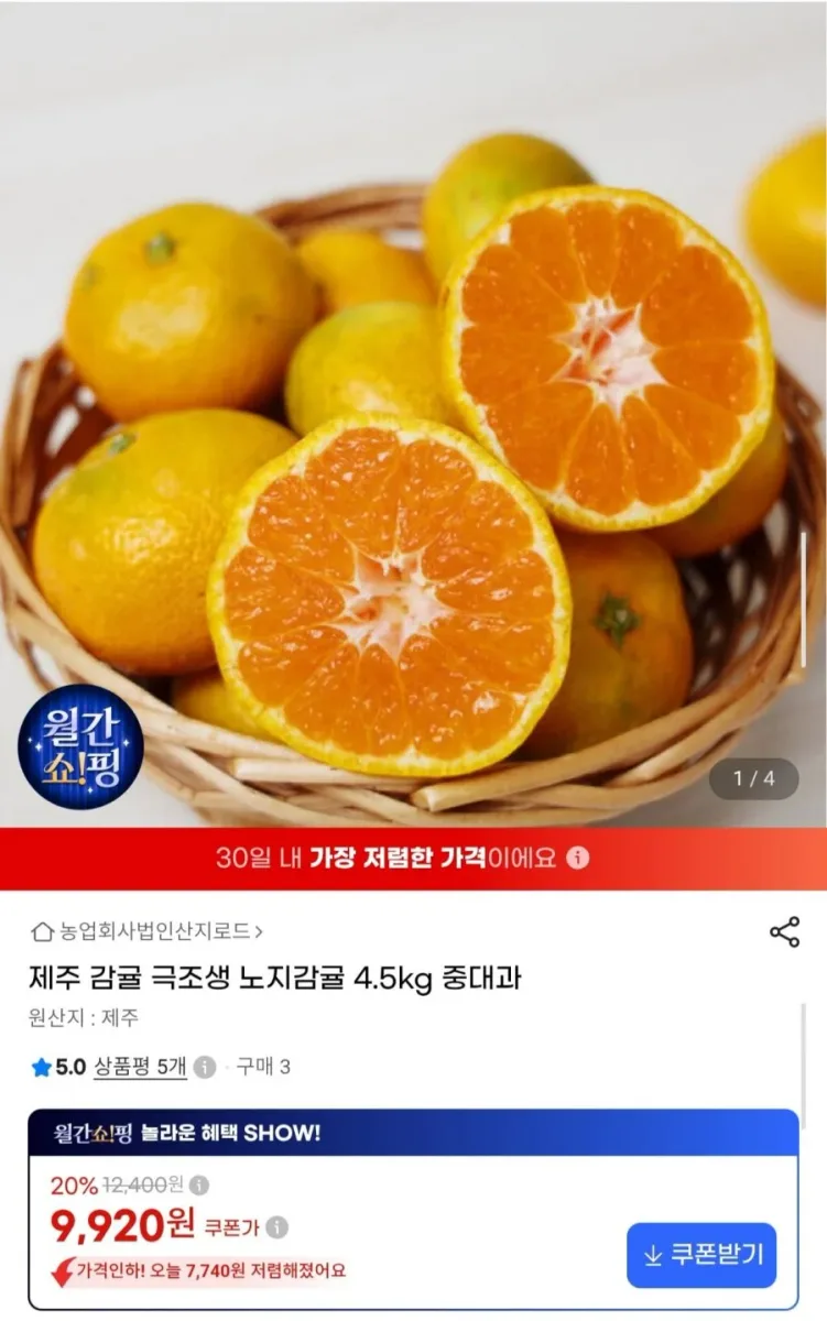[G마켓] 제주 극조생 노지감귤 4.5kg 중대과 (9,920원/무료)