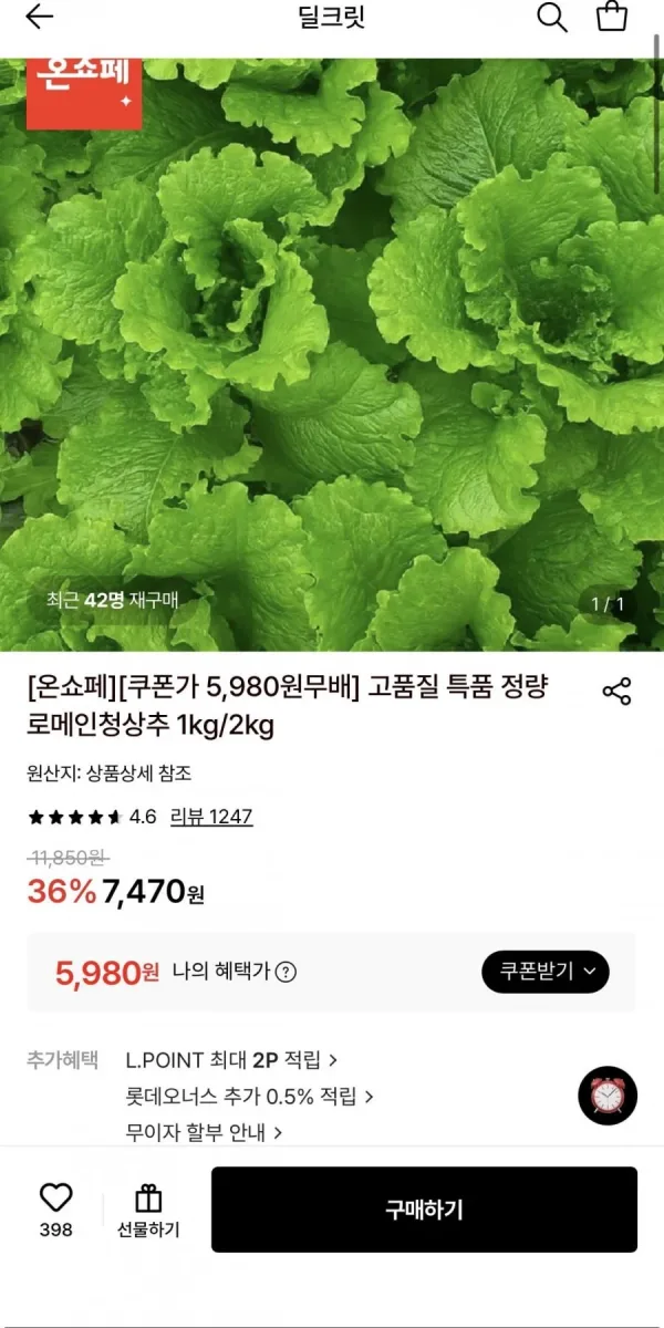 [롯데온] 고품질 특품 정량 로메인청상추 1kg 5980/무배
