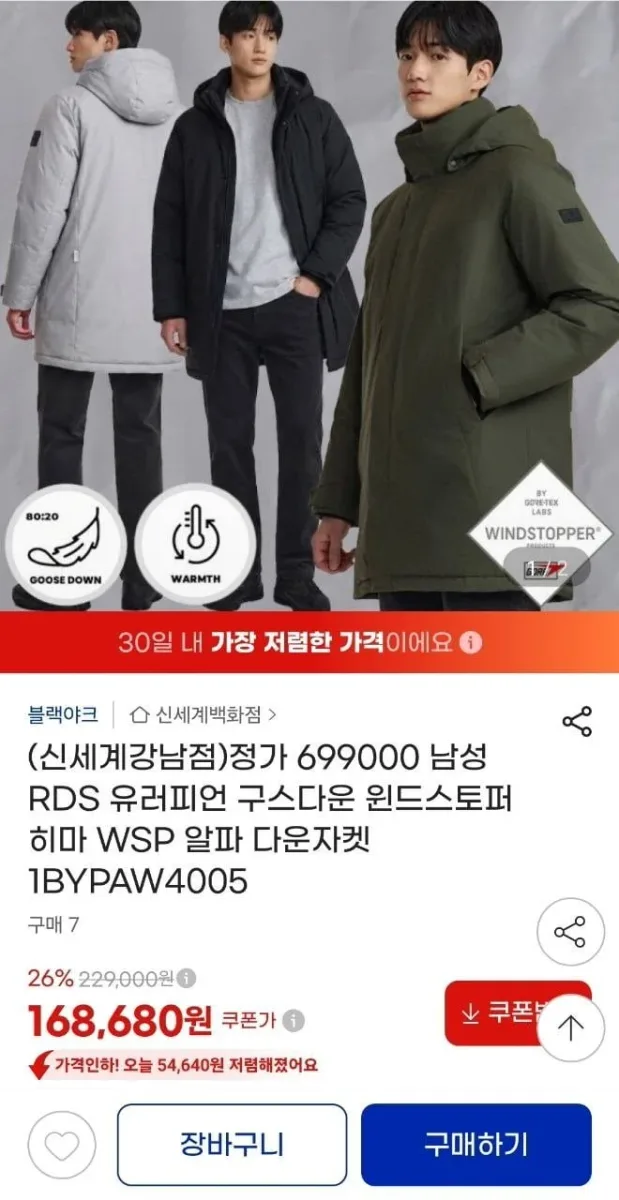 [지마켓] 윈드스토퍼 RDS 구스다운 히마 WSP 알파 다운자켓 (168,680원/무료)
