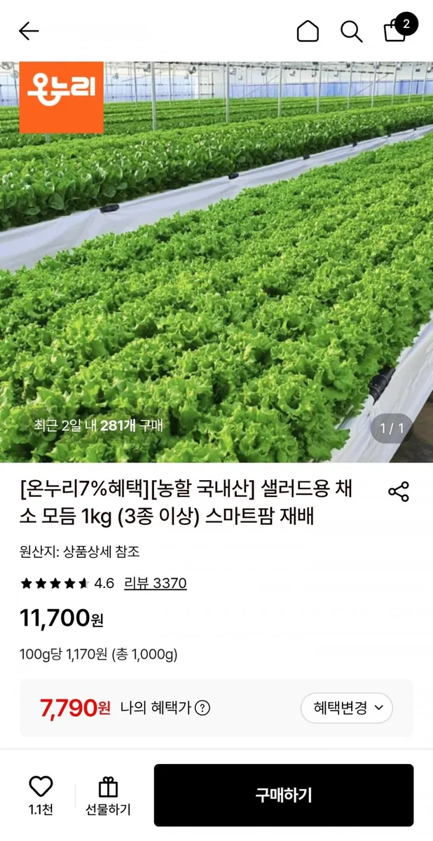 [롯데온] 샐러드용 채소 모듬 1kg (3종 이상) 스마트팜 재배 (7,790원/무료)