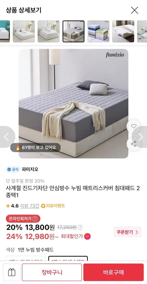[11번가] 사계절 진드기차단 안심방수 누빔 매트리스커버 (13,800원/무료)