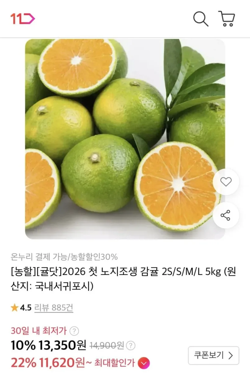 [11번가] 노지조생 감귤 중과 5kg (11,620원/무료)