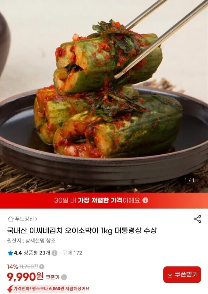 [지마켓] 국내산 오이소박이 1kg (9,990원/무료)