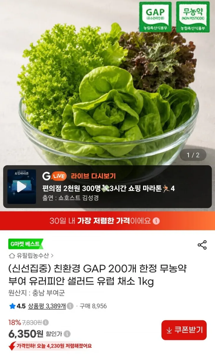 [G마켓] 유러피안 샐러드 유럽채소 1kg (6,350원/무료)