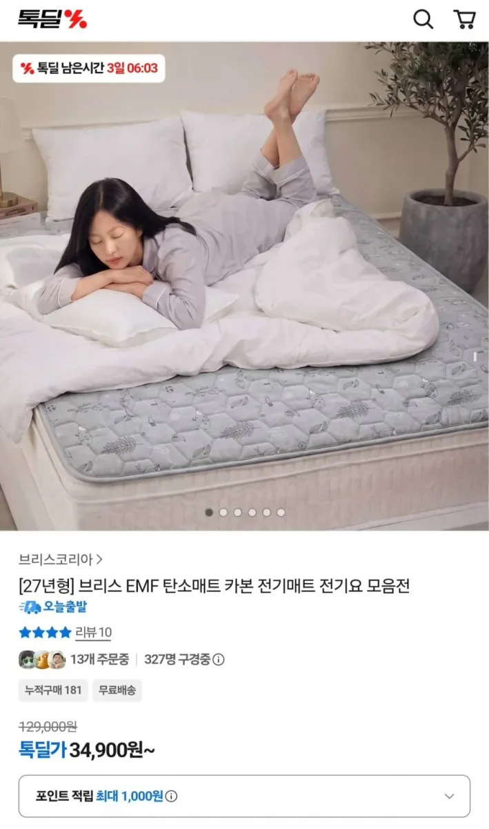 [카카오톡딜] 27년형 브리스 EMF 초절전형 탄소매트 (34,900원/무료)