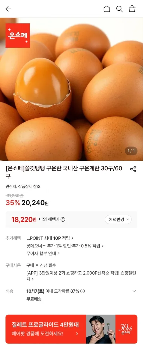 [롯데온] 구운란 국내산 구운계란 60구 (18,220원/무료)
