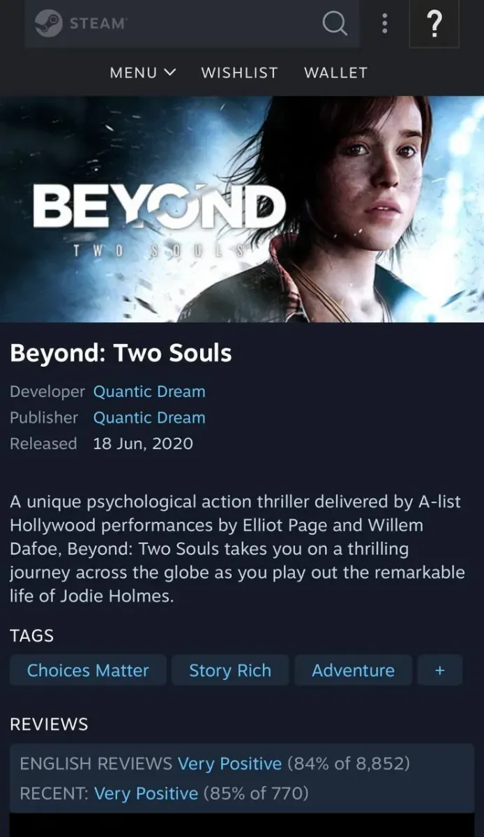[스팀] Beyond: Two Souls (2,150원/무료)