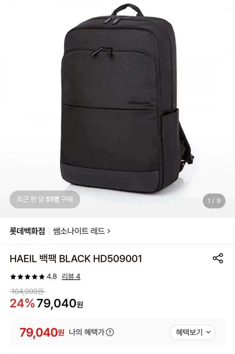 [롯데온] 쌤소나이트 HAEIL 백팩 BLACK HD509001 (79,040원/무료)