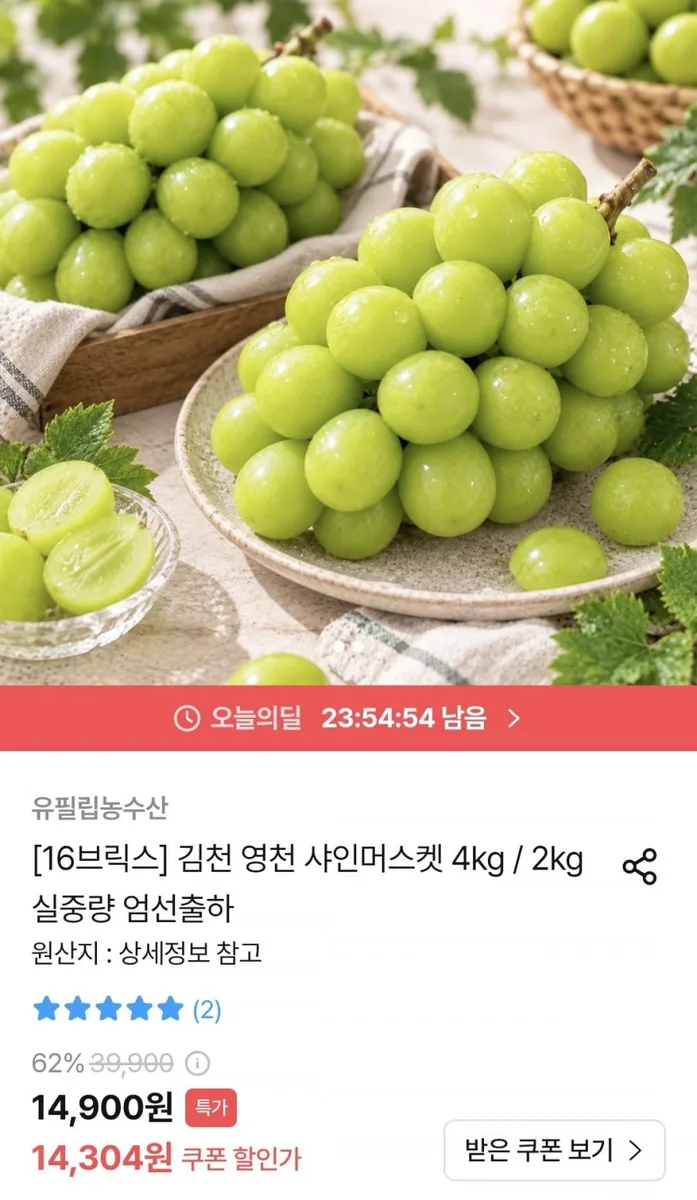 [오늘의집] 김천 샤인머스켓 4kg (12,874원/무료)
