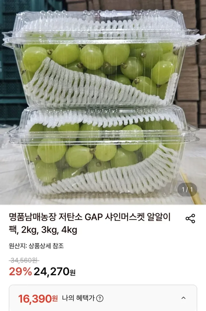 [롯데온] 샤인머스켓 알알이팩 2kg (16,390원/무료)