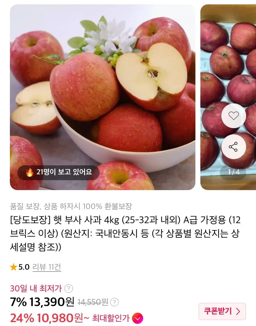 [11번가] 부사 사과 가정용 4kg (13,390원/무료)