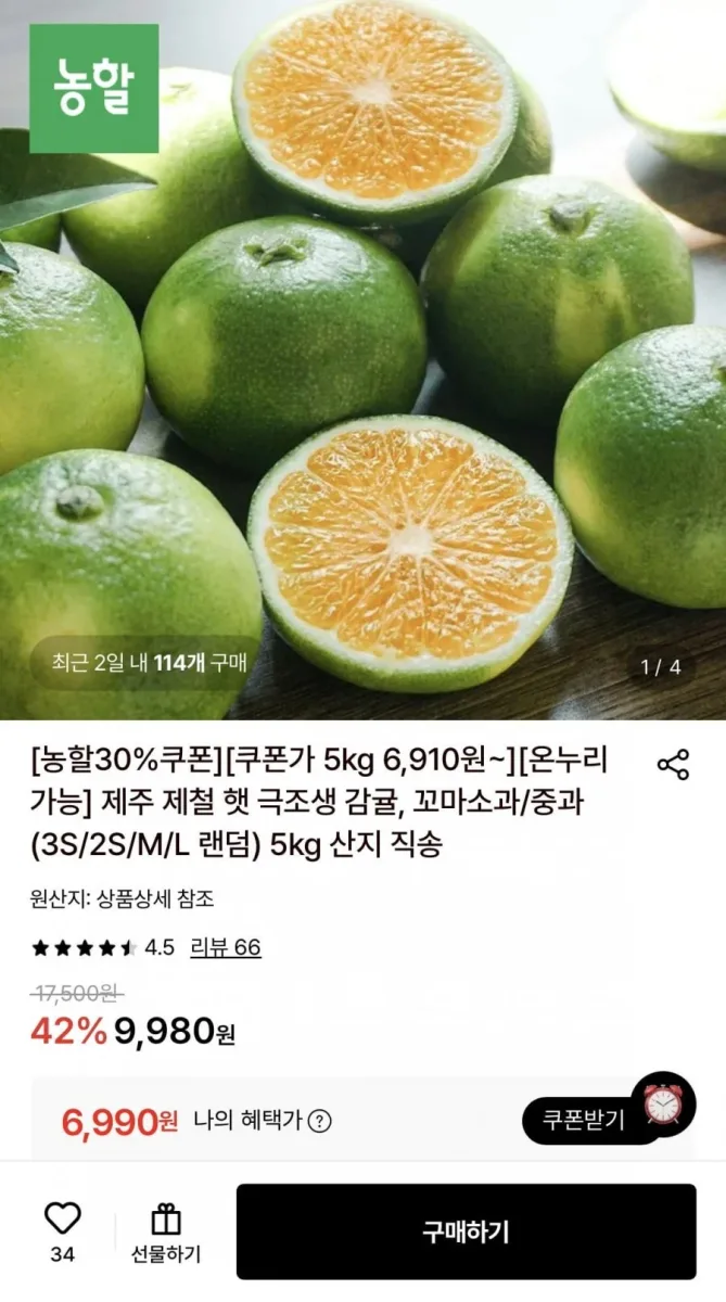 [롯데온] 제주 제철 햇 극조생 감귤 5kg (6,990원/무료)