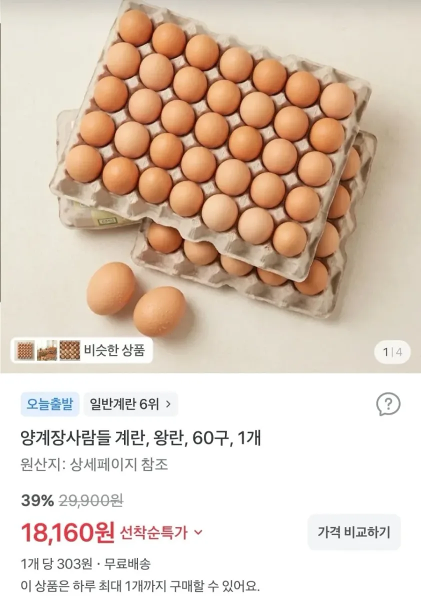 [토스쇼핑] 계란, 왕란, 60구, 1개(18,160원/무배)