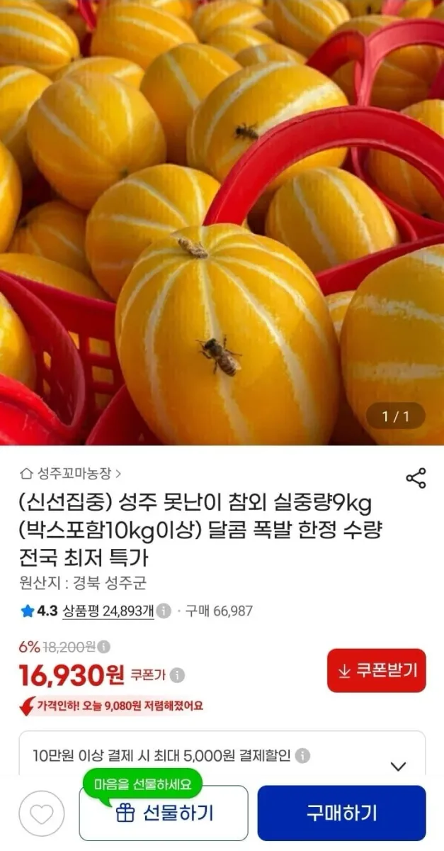 [지마켓] 못난이 참외 실중량9kg (16,930원/무료)