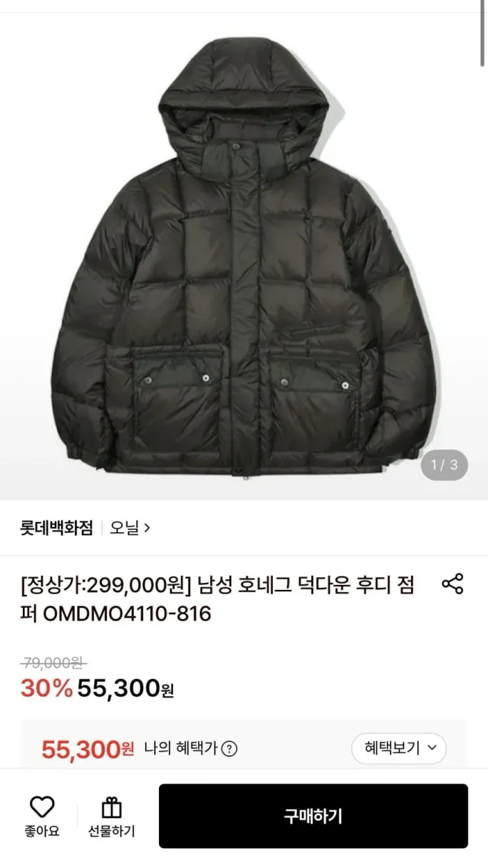 [롯데온] 남성 호네그 덕다운 후디 점퍼 OMDMO4110-816 (55,300원/무료)