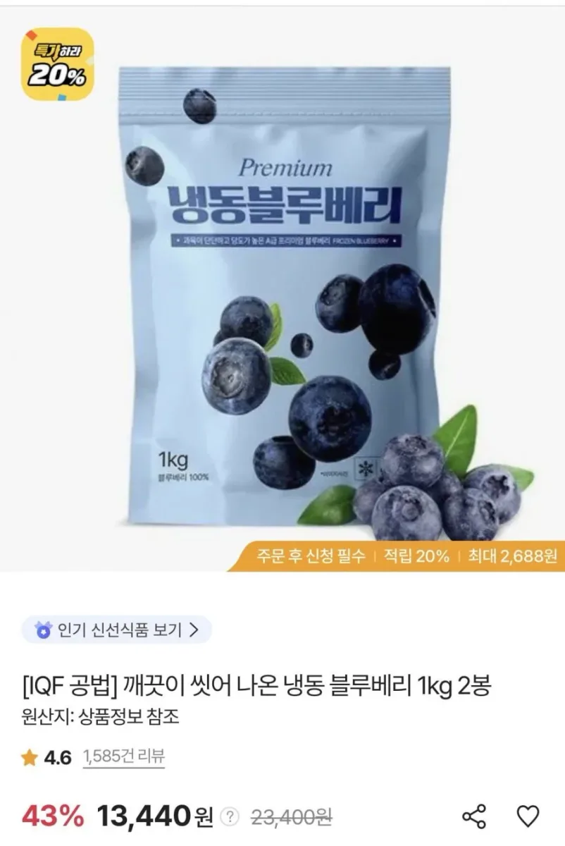 [SK스토아] 냉동 블루베리 1kg 2팩 (페이코12,836원/무료)