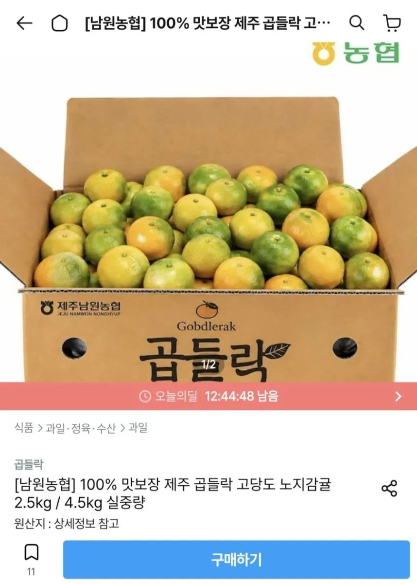 [오늘의집] 제주 남원농협 곱들락 노지감귤 로얄과 4.5kg (13,446원/무료)