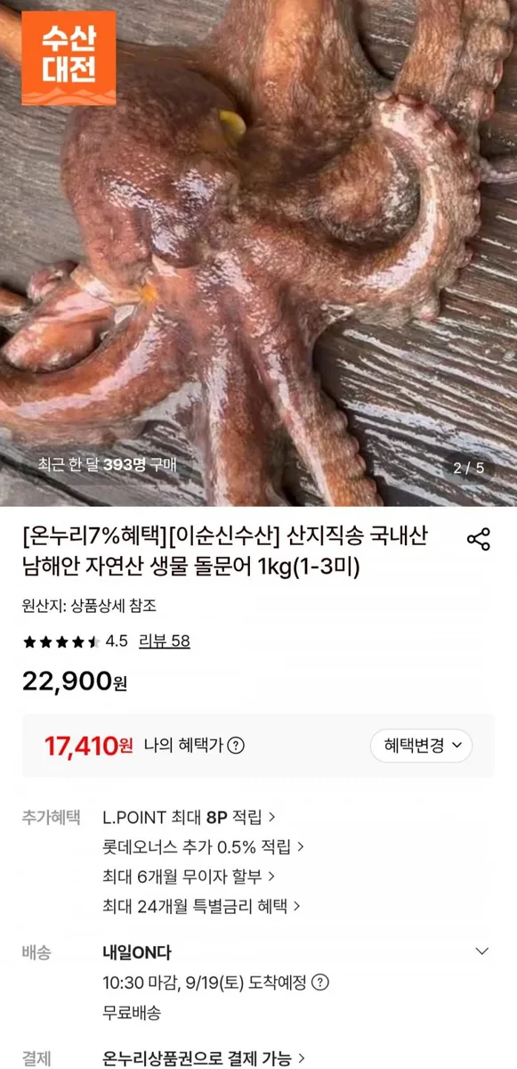 [롯데온] 남해 자연산 생물 돌문어 1키로 (1-3미) (17,410원/무료)