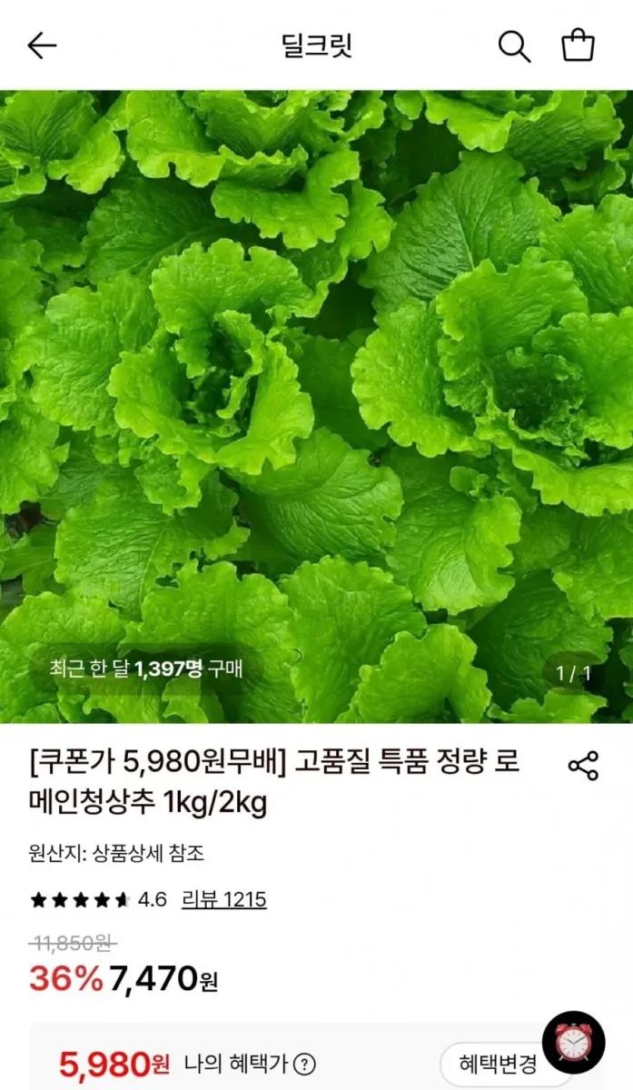 [롯데온] 로메인청상추 1kg (5,980원/무료)