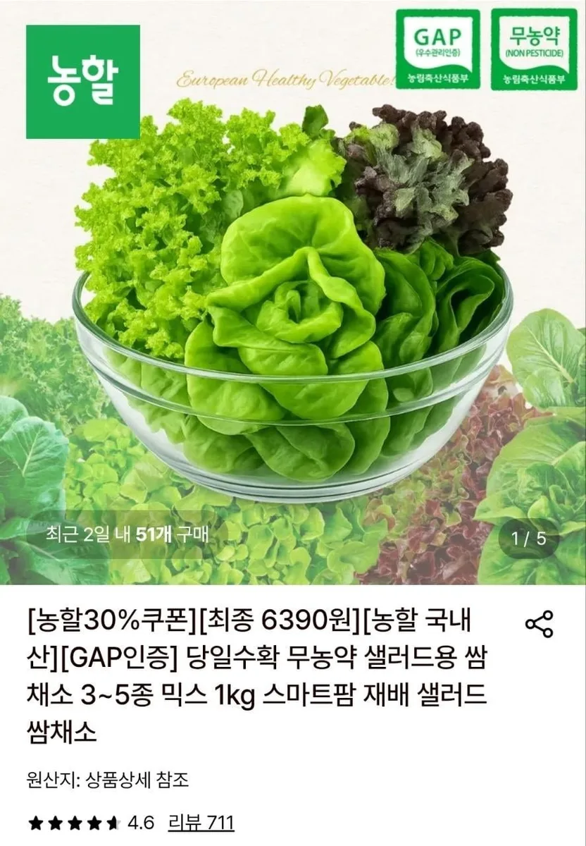 [롯데온] (농할30%) 샐러드 쌈채소 1kg 3~5종 랜덤 (6,390원/무료)