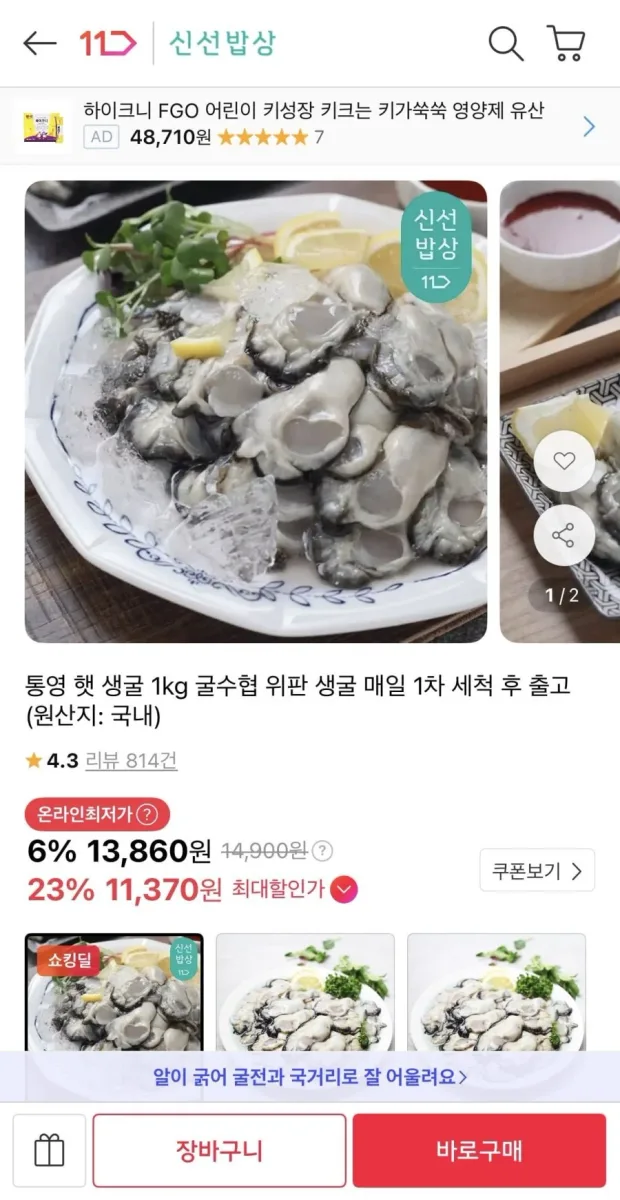 [11번가] 통영 햇 생굴 1kg (13,860원/무료배송)
