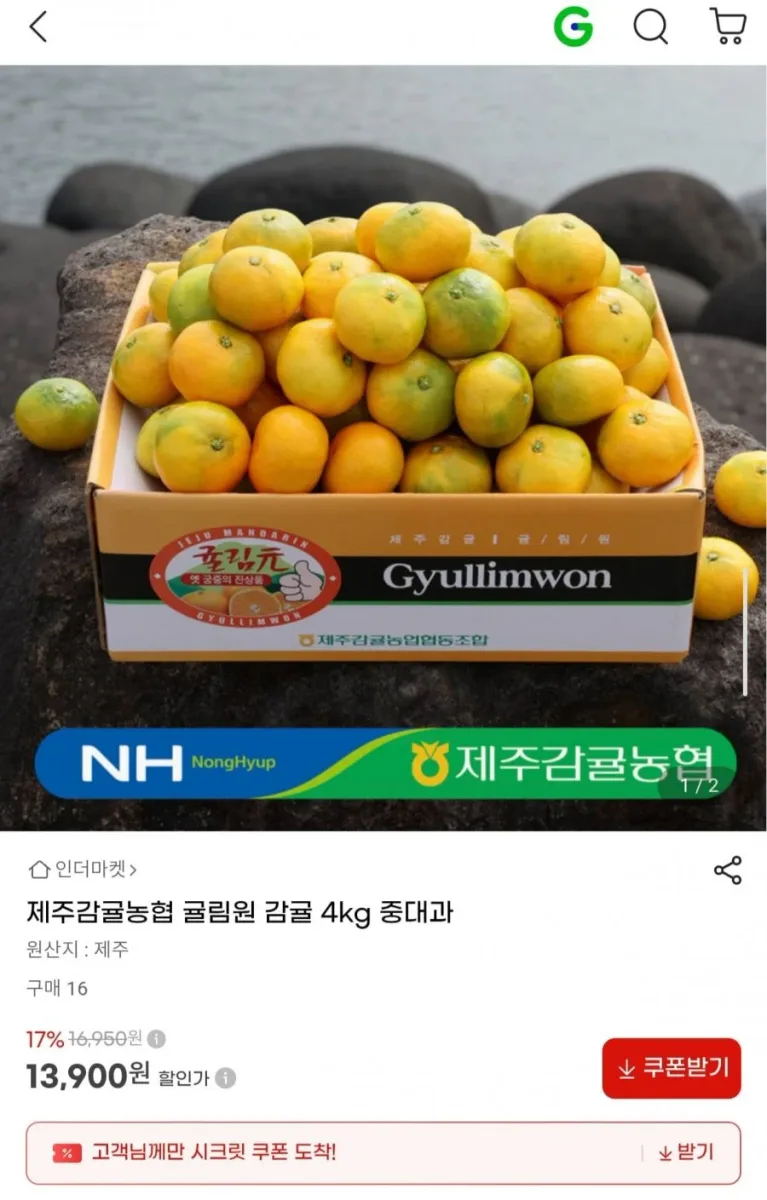 [G마켓] 제주감귤농협 귤림원 감귤 4kg 중대과 (13,900원/무배)