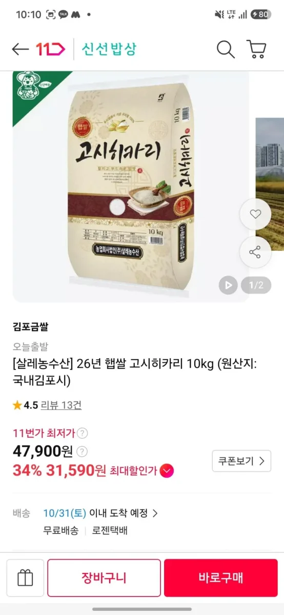 [11번가] 26년산 고시히카리 10kg 햅쌀 상등급 (31,900원) (무료)
