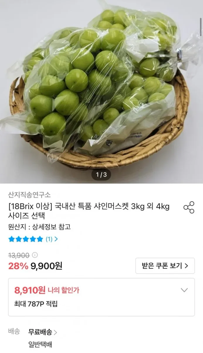[오늘의집] 국내산 특품 샤인머스켓 3kg 18Brix 이상 (8,910원/무료)