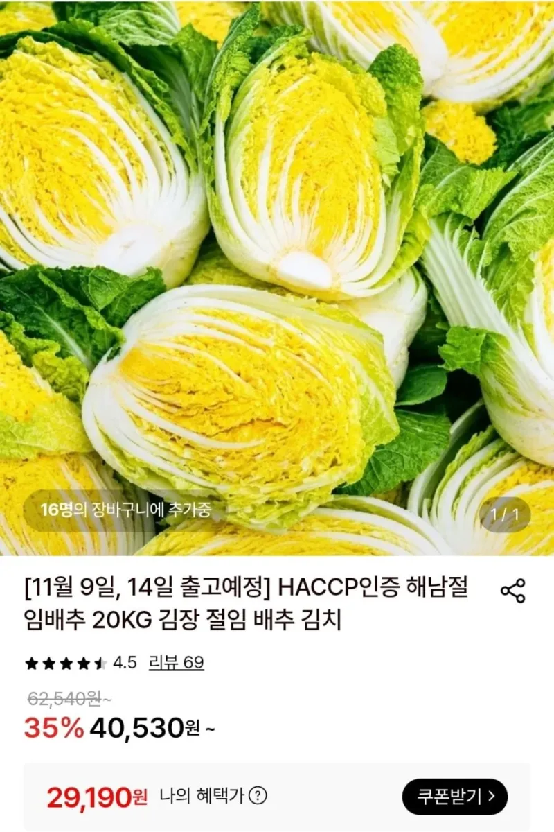 [롯데온] 해남 절임배추 20kg (29,190원/무료)