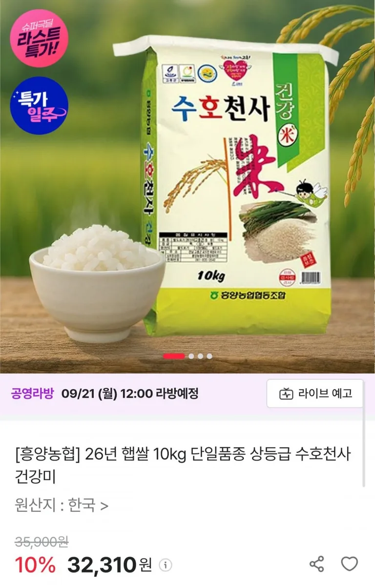 [공영쇼핑] 26년 햅쌀 수호천사 건강미 10kg (29,310원/무료)