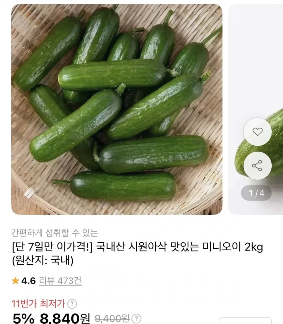 [11번가] 국내산 미니오이 2kg (8,840원/무료)