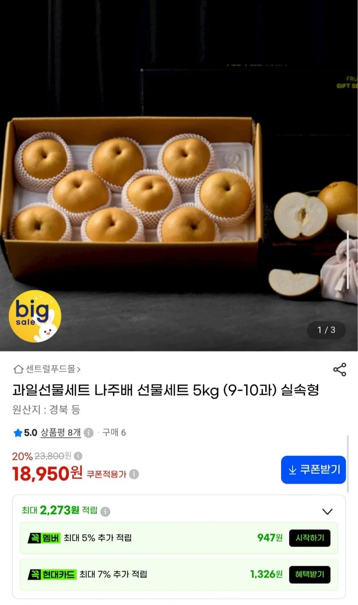 [G마켓] 나주배 선물세트 5kg 9-10과 실속형 (18,950원/무료)