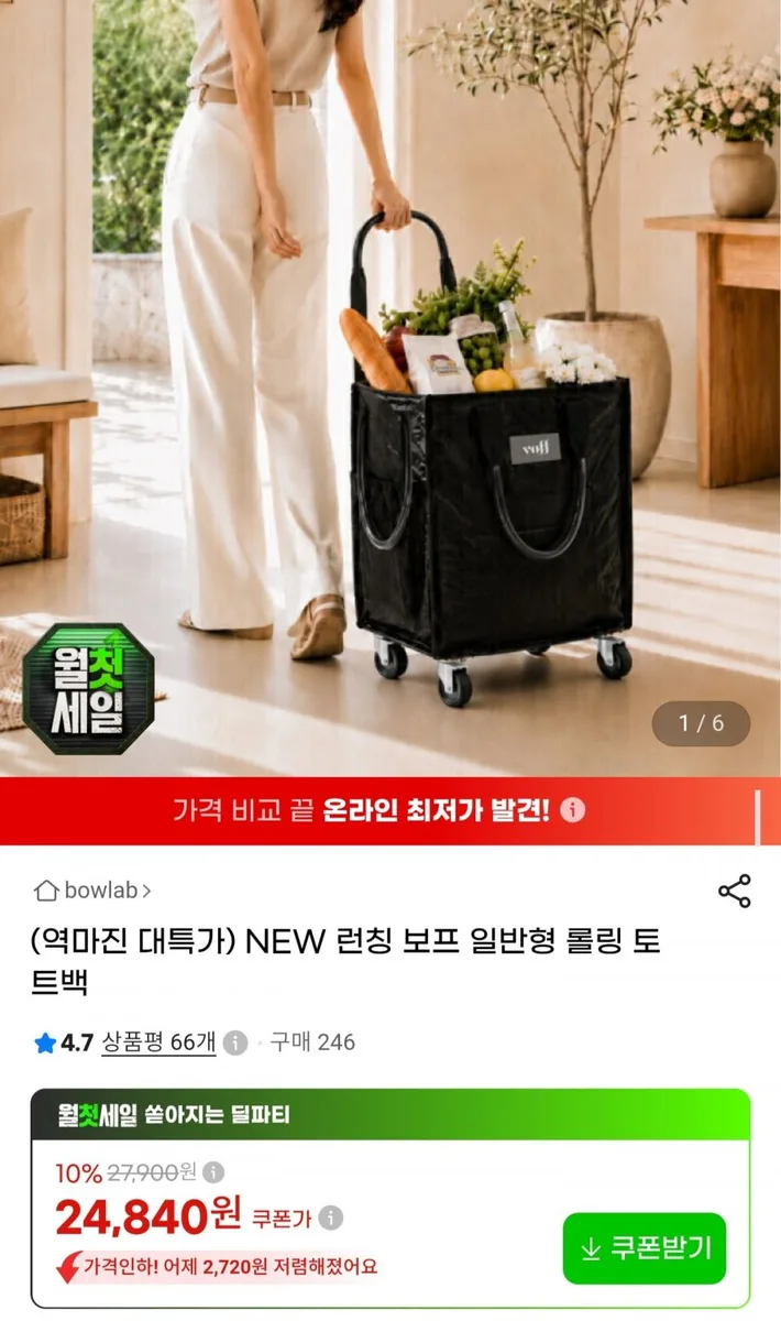 [G마켓] 보프 일반형 롤링 토트백 (24,840원/무료배송)