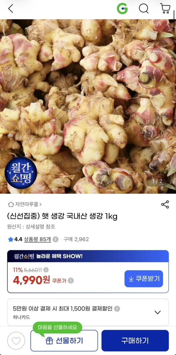[지마켓] 국내산 햇 생강 1kg (4,990원/3,000원)