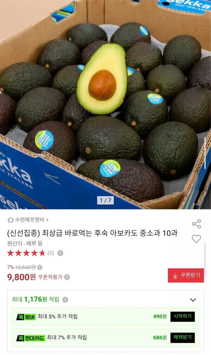 [옥션] 바로먹는 후숙 아보카도 중소과 10개 (9,800원/무배)
