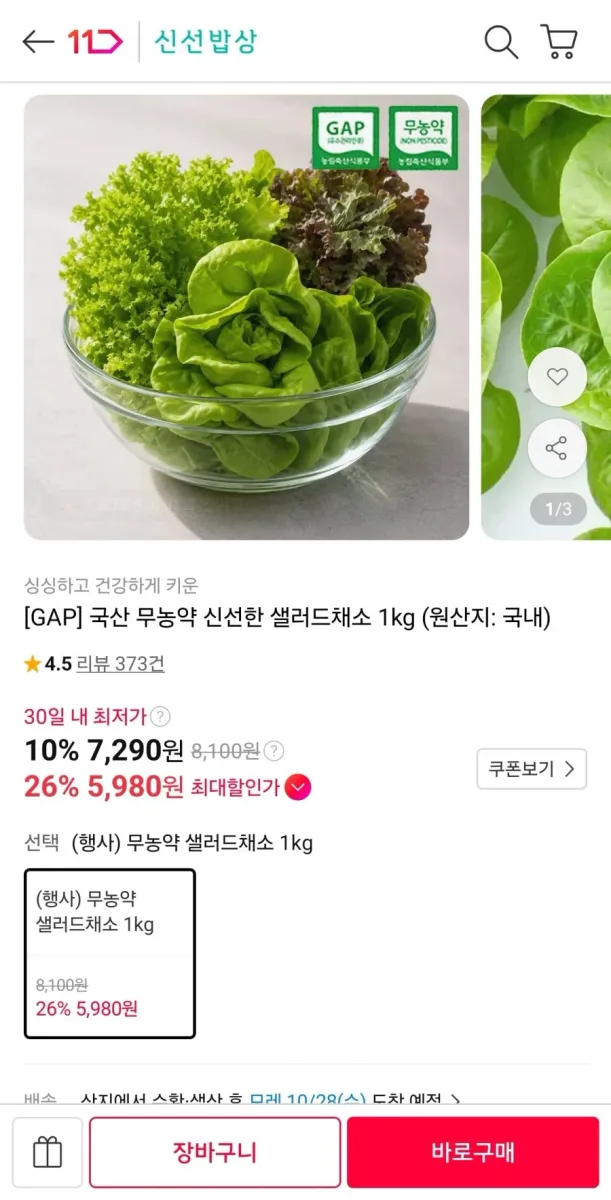 [11번가] 국산 무농약 신선한 샐러드채소 1kg (신한 5,980원/무료)