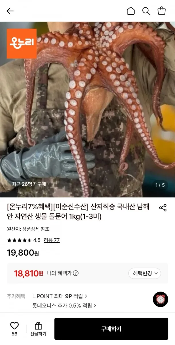 [롯데온] 자연산 생물 돌문어 1kg 1-3미 (18,810원/무료)