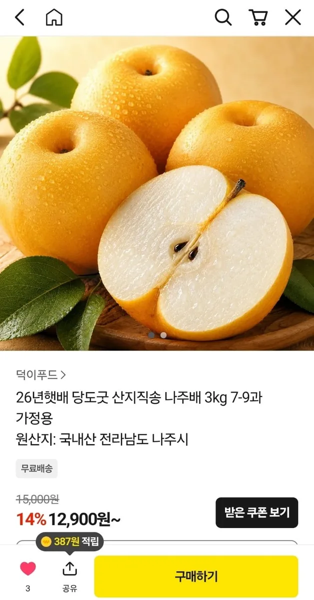 [카카오] 당도좋은 나주 햇배 3kg 7-9과 (12,900원/무료)