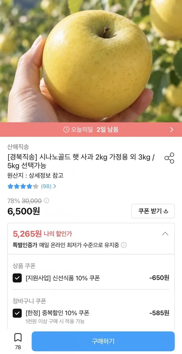 [오늘의집] 시나노골드 햇 사과 2kg (5,265원/무배)