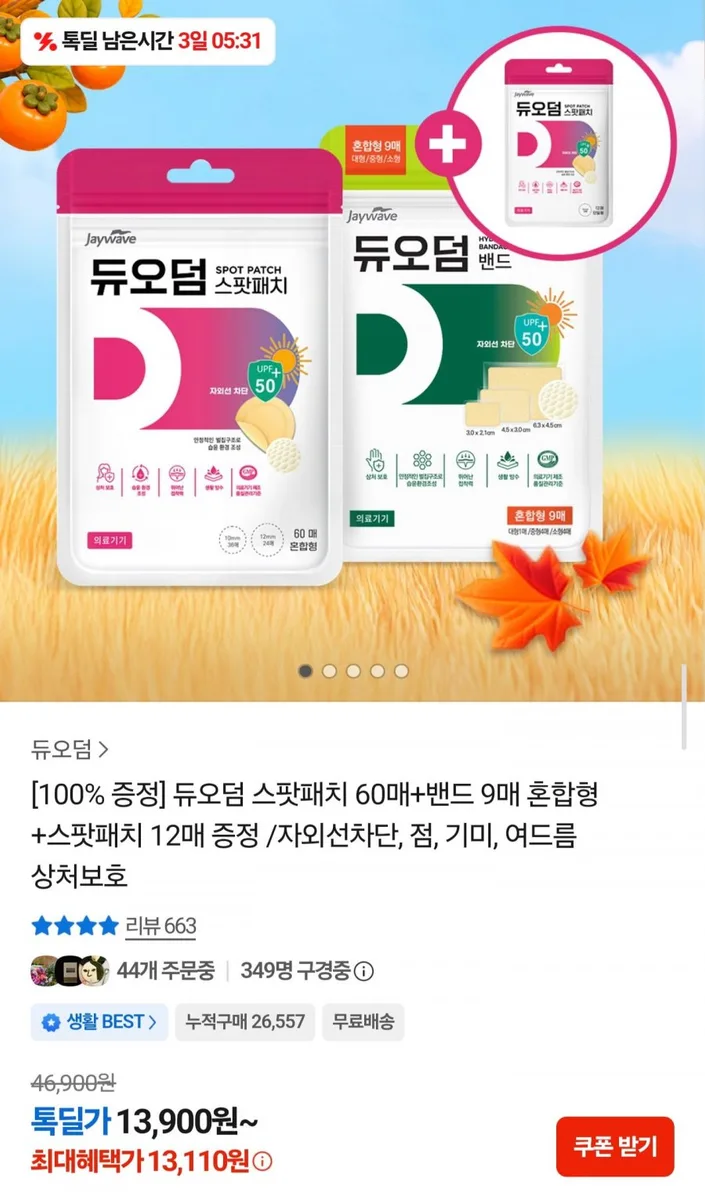 [톡딜] 듀오덤 스팟패치 혼합형 60매+밴드 9매+스팟패치 12매 (13,110원/무료)