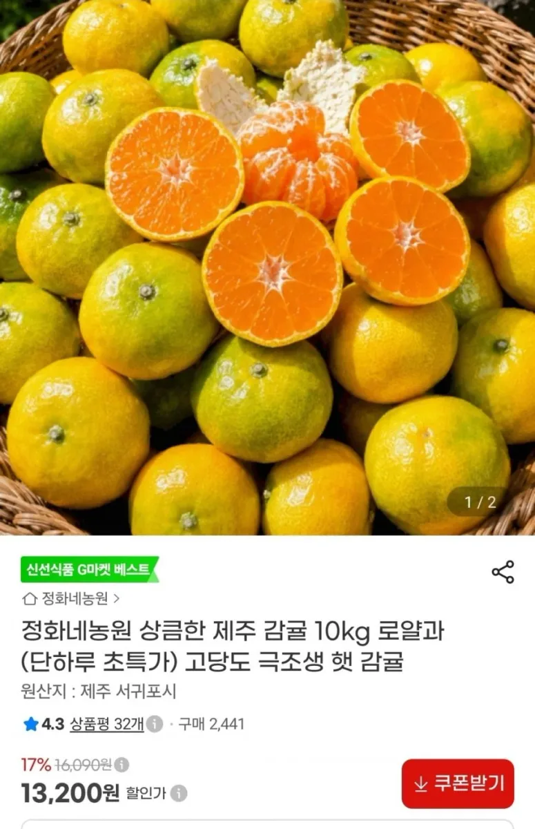 [지마켓] 정화네농원 상큼한 제주 감귤 10kg 로얄과 (13,200원/무배)